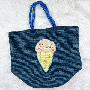 Sensi Studio Ice Cream Woven Raffia Crochet Large Beach Tote Bag Blue Yellow